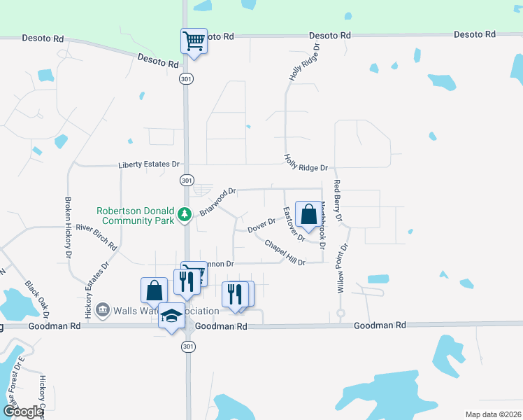 map of restaurants, bars, coffee shops, grocery stores, and more near 7394 Briarwood Cove in Horn Lake