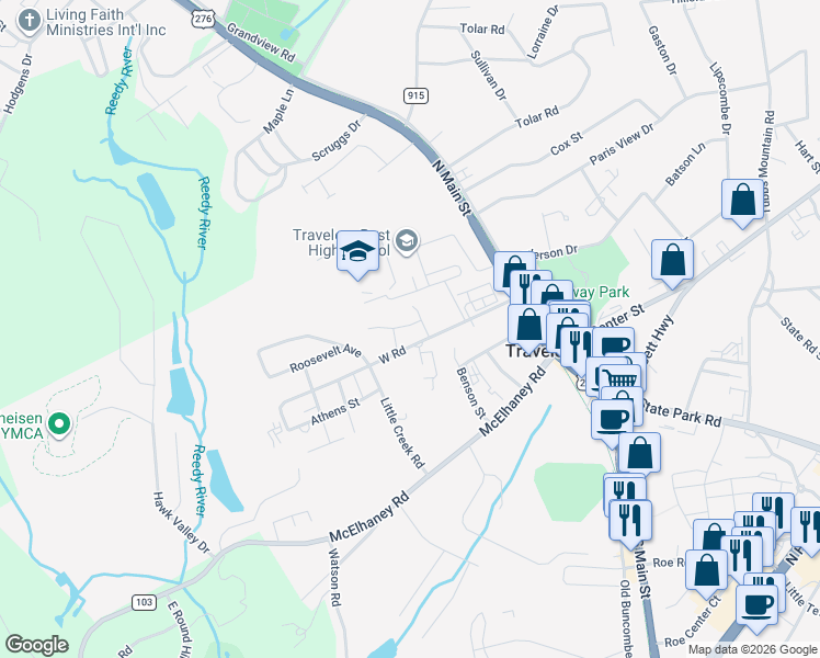 map of restaurants, bars, coffee shops, grocery stores, and more near 25 West Road in Travelers Rest