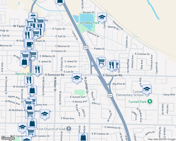 map of restaurants, bars, coffee shops, grocery stores, and more near 739 East Donovan Road in Santa Maria