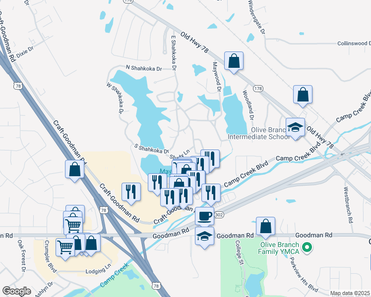 map of restaurants, bars, coffee shops, grocery stores, and more near 8050 Shady Lane in Olive Branch