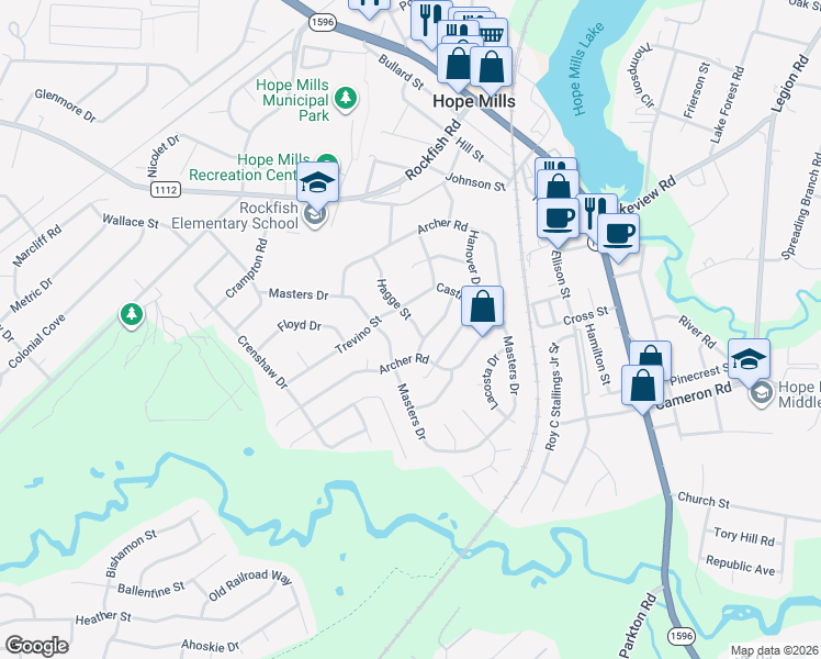 map of restaurants, bars, coffee shops, grocery stores, and more near 3668 Highgate Drive in Hope Mills