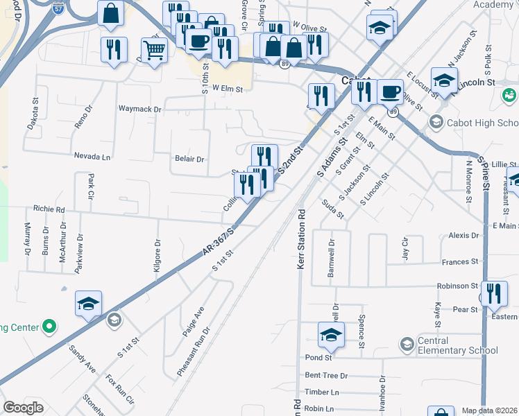 map of restaurants, bars, coffee shops, grocery stores, and more near 723 South 2nd Street in Cabot