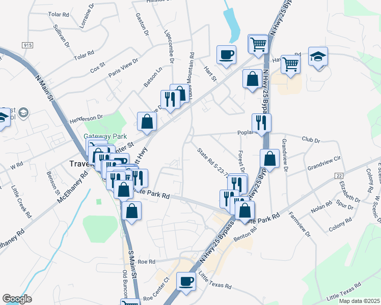 map of restaurants, bars, coffee shops, grocery stores, and more near 30 Tubbs Mountain Road in Travelers Rest