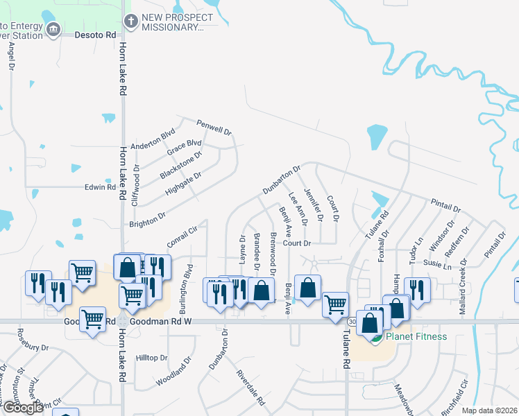 map of restaurants, bars, coffee shops, grocery stores, and more near 7222 Layne Drive in Horn Lake
