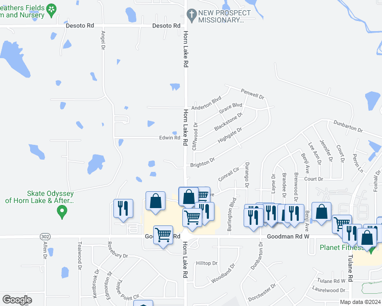 map of restaurants, bars, coffee shops, grocery stores, and more near 7413 Cliffwood Drive in Horn Lake