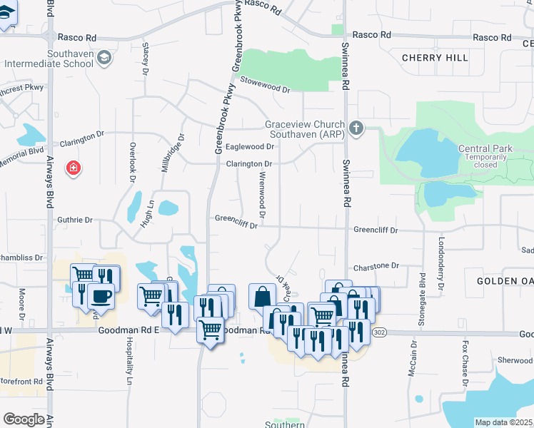 map of restaurants, bars, coffee shops, grocery stores, and more near 7392 Wrenwood Drive in Southaven