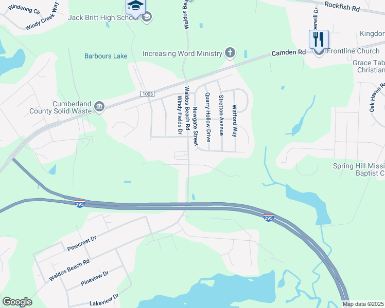 map of restaurants, bars, coffee shops, grocery stores, and more near 2407 Aldbury Court in Fayetteville