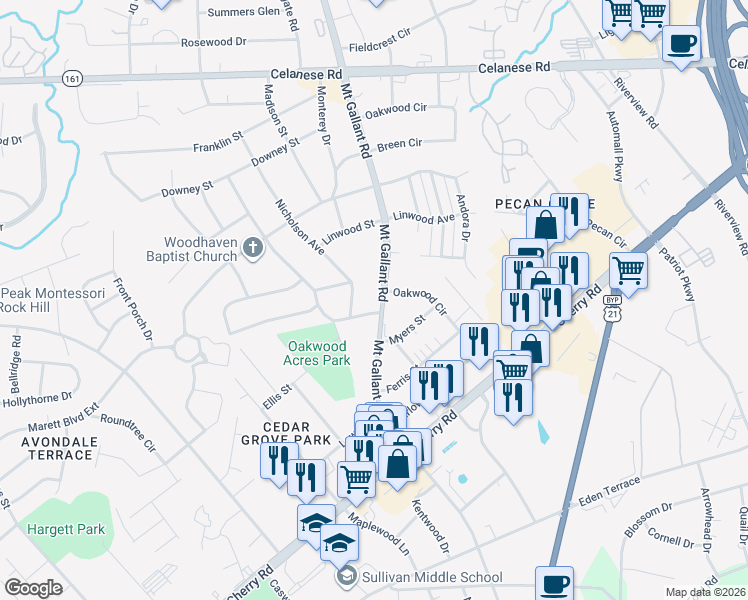 map of restaurants, bars, coffee shops, grocery stores, and more near 1305 Mount Gallant Road in Rock Hill