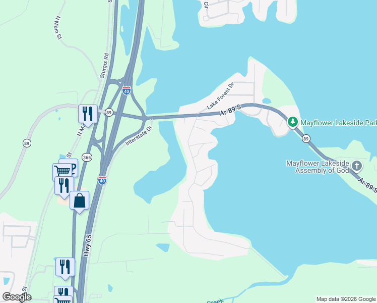 map of restaurants, bars, coffee shops, grocery stores, and more near 26 Dam Road in Mayflower