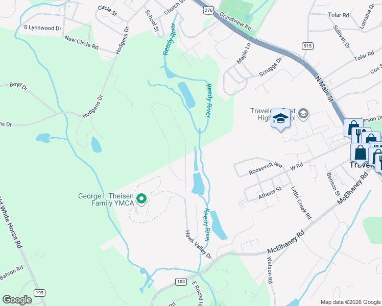 map of restaurants, bars, coffee shops, grocery stores, and more near 119 Bridwell Way in Travelers Rest