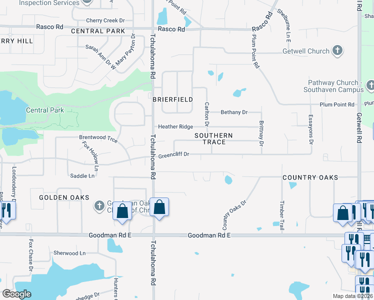 map of restaurants, bars, coffee shops, grocery stores, and more near 2139 Greencliff Drive in Southaven
