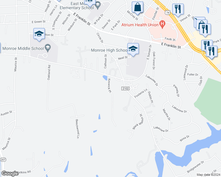 map of restaurants, bars, coffee shops, grocery stores, and more near 1110 Keswick Place in Monroe