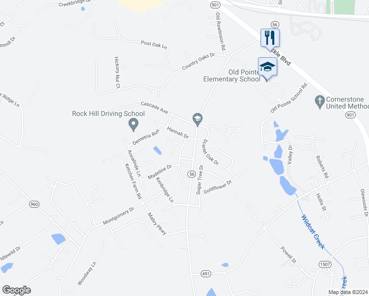 map of restaurants, bars, coffee shops, grocery stores, and more near 550 Rawlinson Road in Rock Hill