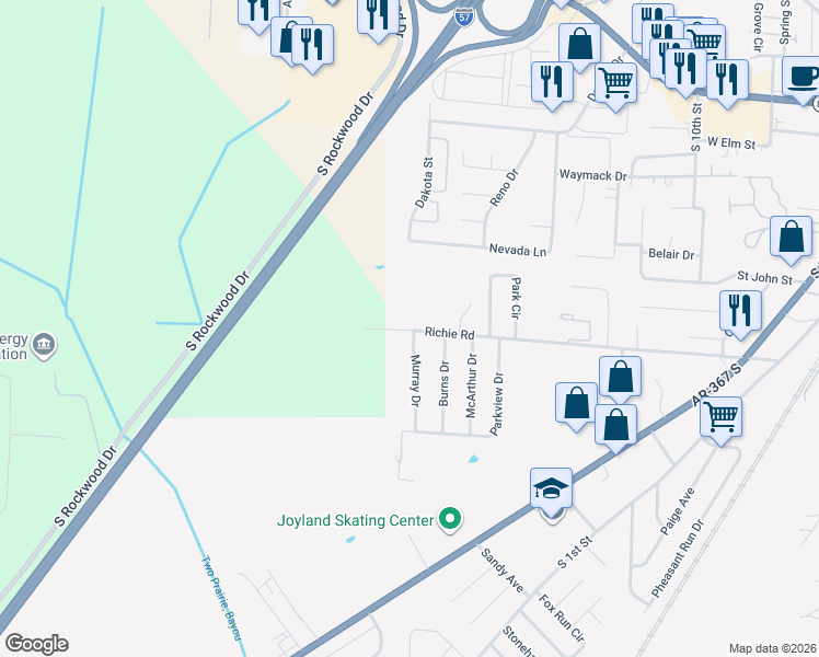 map of restaurants, bars, coffee shops, grocery stores, and more near 12 Murray Drive in Cabot