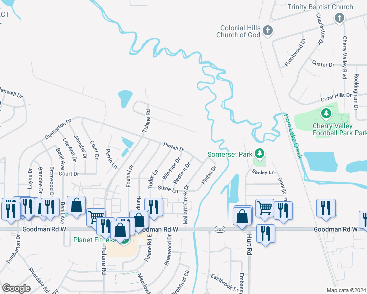 map of restaurants, bars, coffee shops, grocery stores, and more near 2630 Pintail Drive in Horn Lake