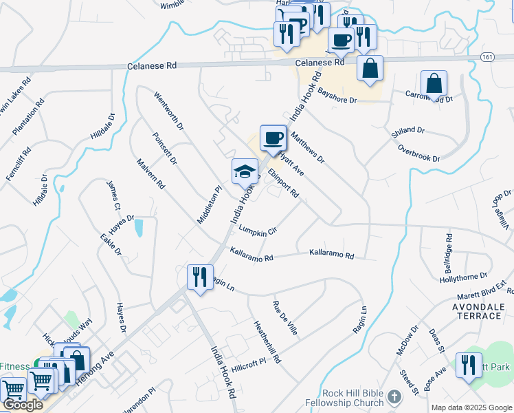 map of restaurants, bars, coffee shops, grocery stores, and more near 2142 India Hook Road in Rock Hill