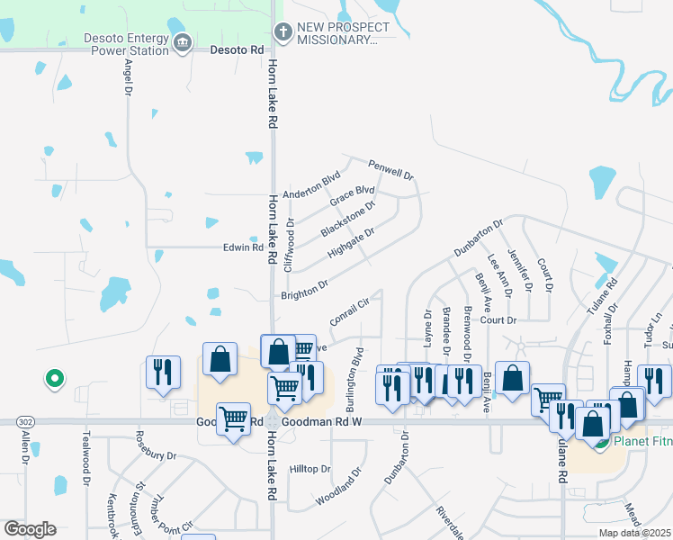 map of restaurants, bars, coffee shops, grocery stores, and more near 4245 Brighton Drive in Horn Lake
