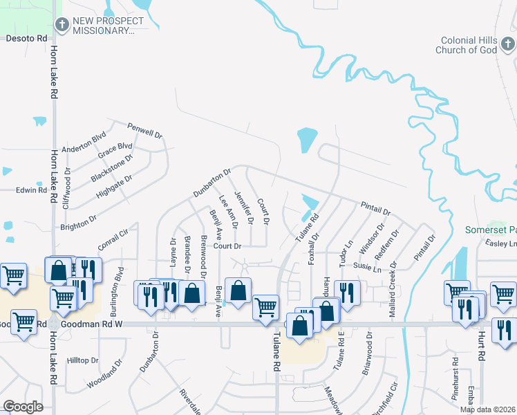 map of restaurants, bars, coffee shops, grocery stores, and more near 7409 Crystal Drive in Horn Lake