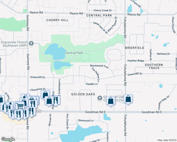 map of restaurants, bars, coffee shops, grocery stores, and more near 1628 Greencliff Drive in Southaven