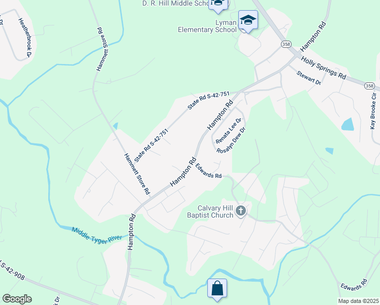 map of restaurants, bars, coffee shops, grocery stores, and more near 259 Hampton Road in Lyman