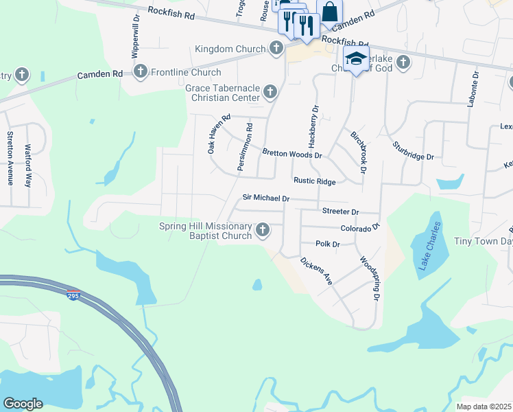 map of restaurants, bars, coffee shops, grocery stores, and more near 2126 Queen Elizabeth Lane in Hope Mills