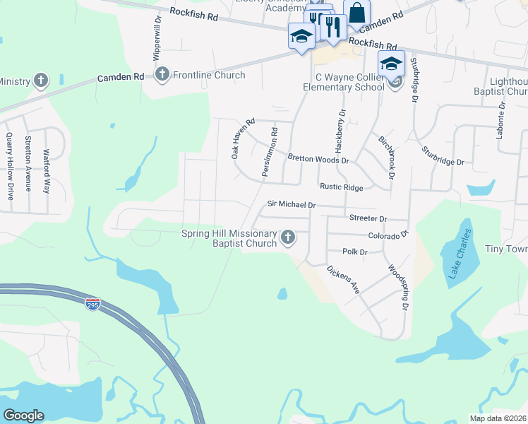 map of restaurants, bars, coffee shops, grocery stores, and more near 2142 Queen Elizabeth Lane in Hope Mills