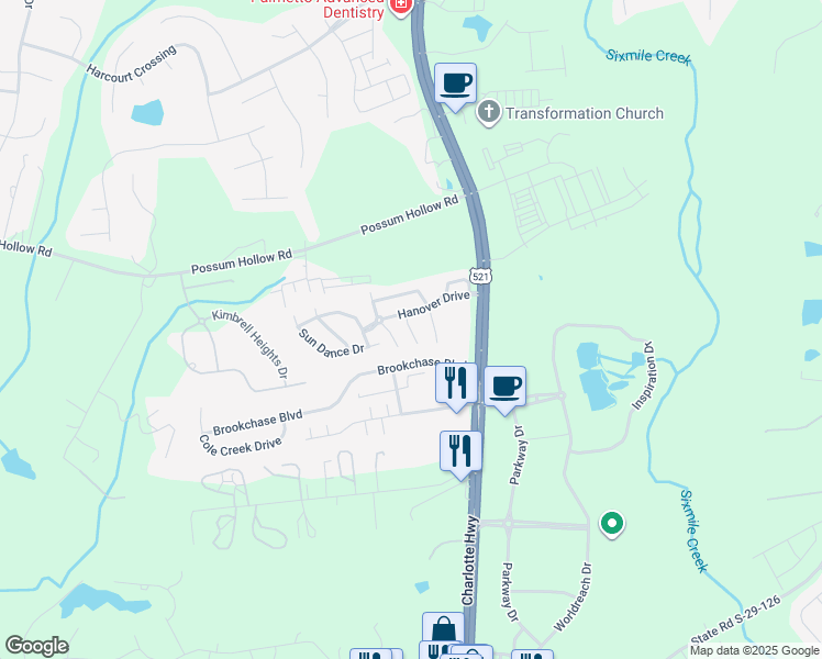 map of restaurants, bars, coffee shops, grocery stores, and more near 4537 Buckskin Court in Indian Land