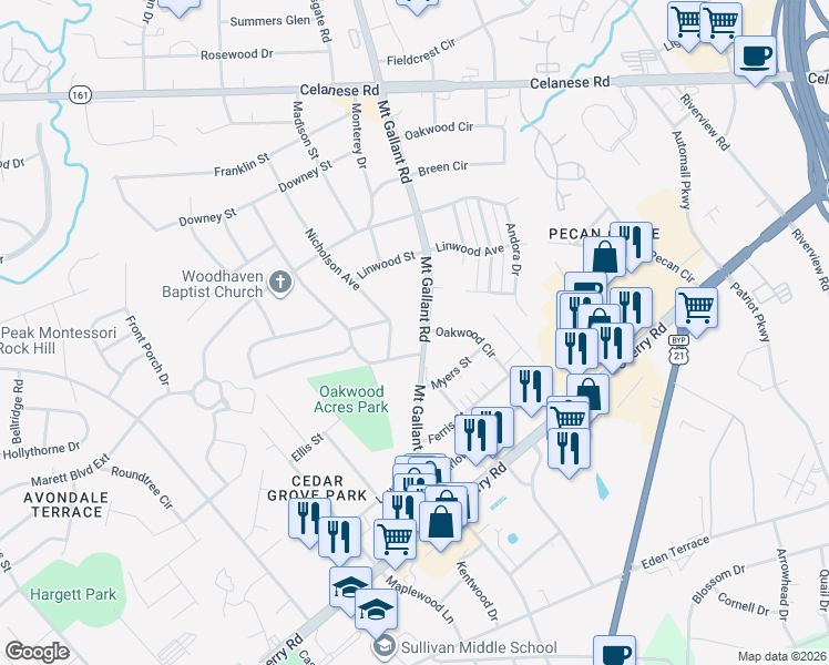 map of restaurants, bars, coffee shops, grocery stores, and more near 1305 Mount Gallant Road in Rock Hill