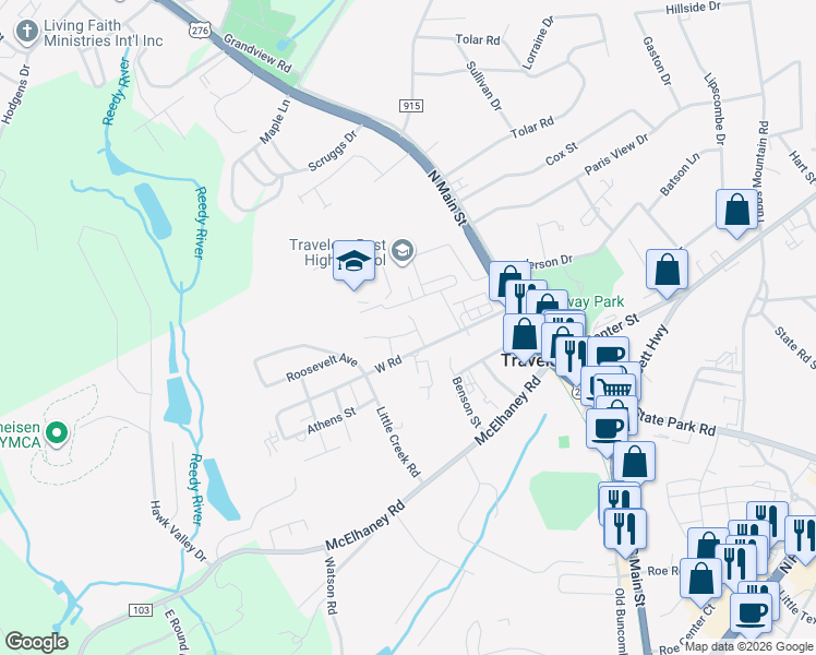 map of restaurants, bars, coffee shops, grocery stores, and more near 25 West Road in Travelers Rest