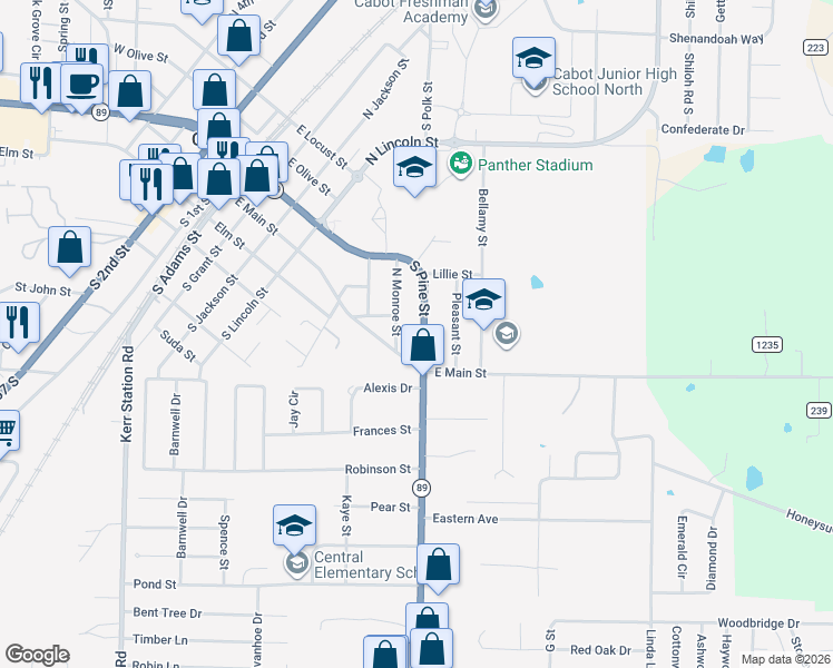 map of restaurants, bars, coffee shops, grocery stores, and more near 97 Arkansas 89 in Cabot