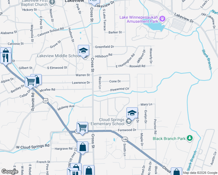 map of restaurants, bars, coffee shops, grocery stores, and more near 587 Pinewood Circle in Fort Oglethorpe