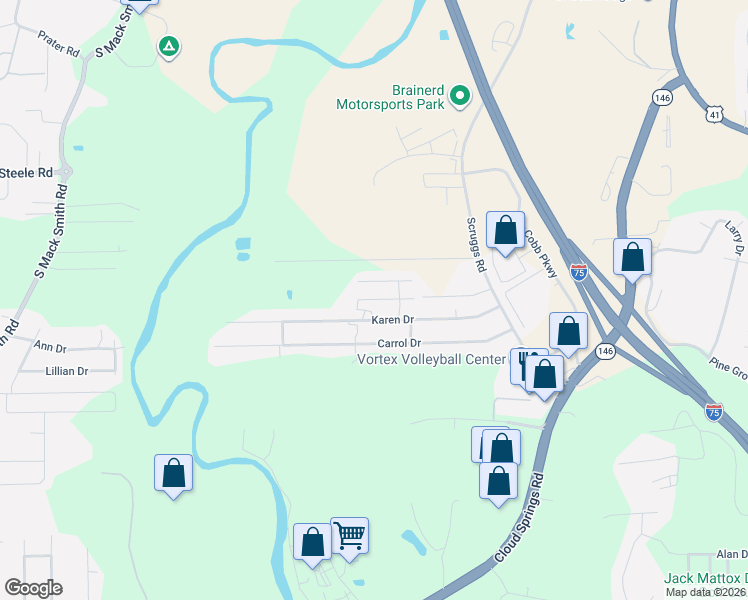 map of restaurants, bars, coffee shops, grocery stores, and more near 63 Pinto Lane in Ringgold