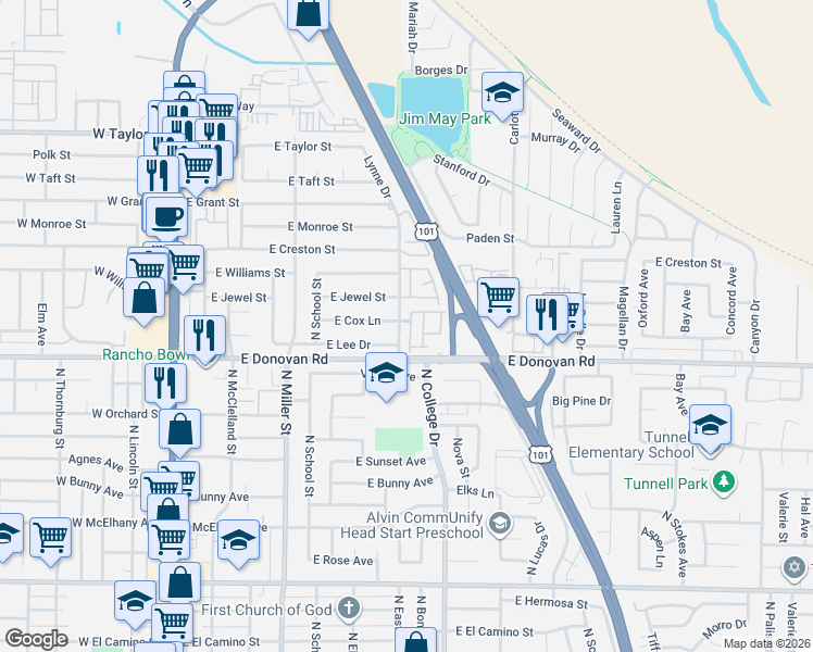 map of restaurants, bars, coffee shops, grocery stores, and more near 1623 Point Lobos Lane in Santa Maria
