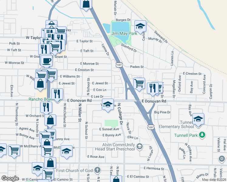 map of restaurants, bars, coffee shops, grocery stores, and more near 1623 Point Lobos Lane in Santa Maria