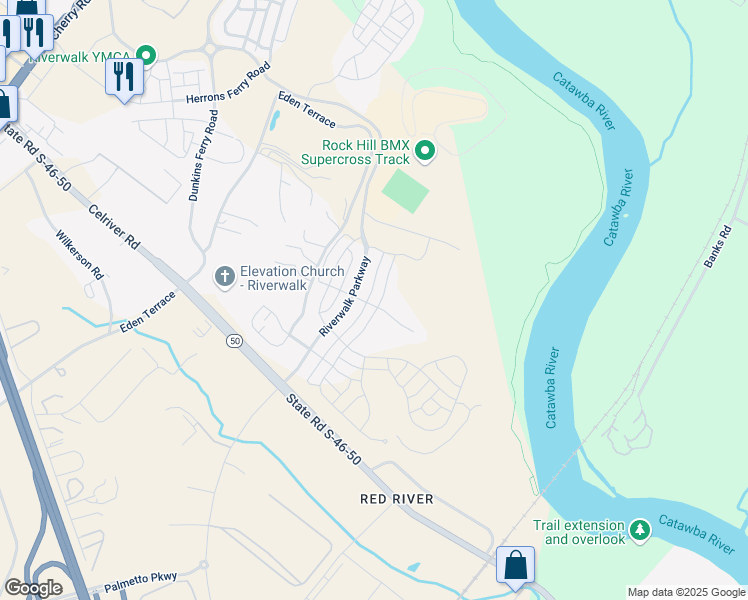 map of restaurants, bars, coffee shops, grocery stores, and more near 446 Luray Way in Rock Hill