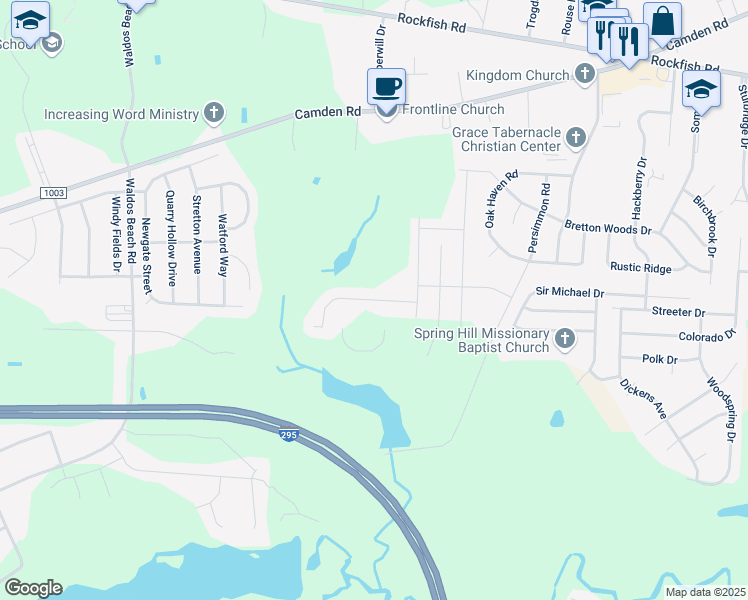 map of restaurants, bars, coffee shops, grocery stores, and more near Andalusian Drive in Fayetteville