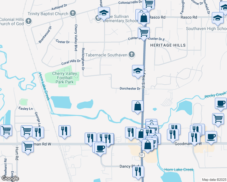 map of restaurants, bars, coffee shops, grocery stores, and more near 1725 Dorchester Drive in Southaven