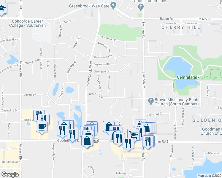 map of restaurants, bars, coffee shops, grocery stores, and more near 7424 Wrenwood Drive in Southaven