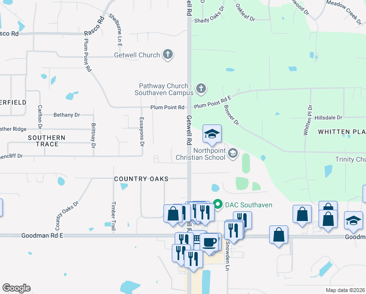 map of restaurants, bars, coffee shops, grocery stores, and more near 7445 Getwell Road in Southaven
