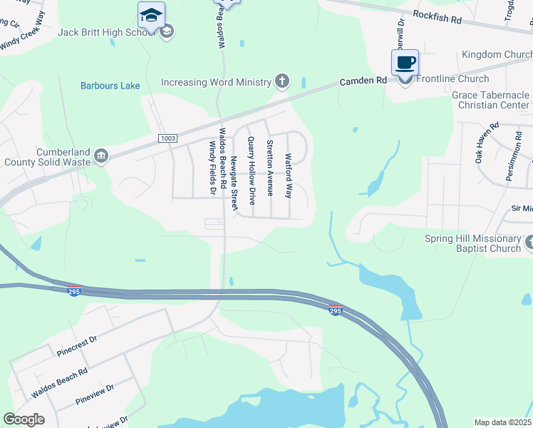 map of restaurants, bars, coffee shops, grocery stores, and more near 4043 Newgate Street in Fayetteville