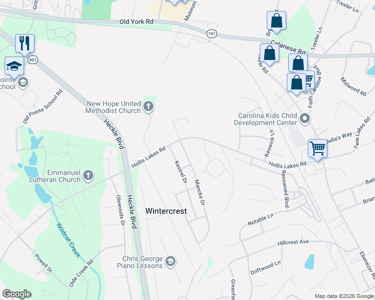 map of restaurants, bars, coffee shops, grocery stores, and more near 2207 Mancke Drive in Rock Hill