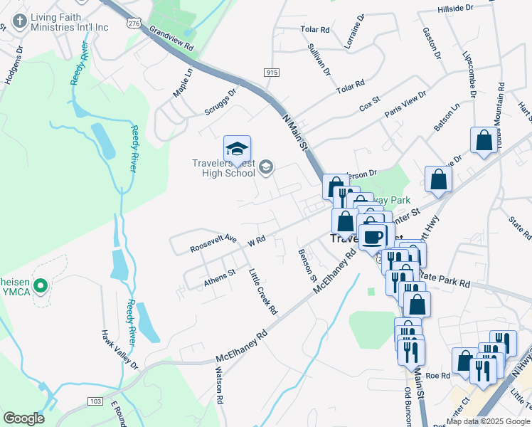 map of restaurants, bars, coffee shops, grocery stores, and more near 105 Solis Court in Travelers Rest