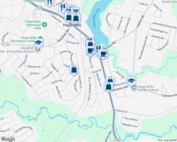 map of restaurants, bars, coffee shops, grocery stores, and more near 338 Middle Street in Hope Mills