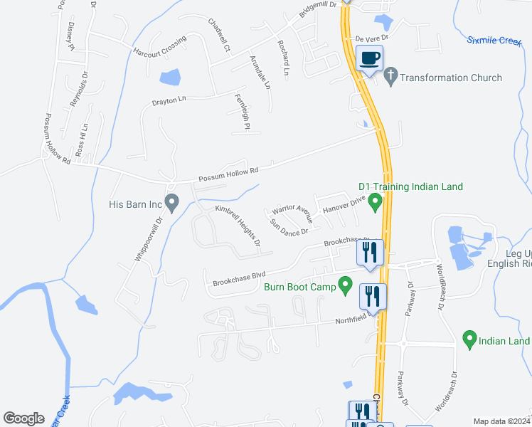 map of restaurants, bars, coffee shops, grocery stores, and more near 7395 Sun Dance Drive in Fort Mill