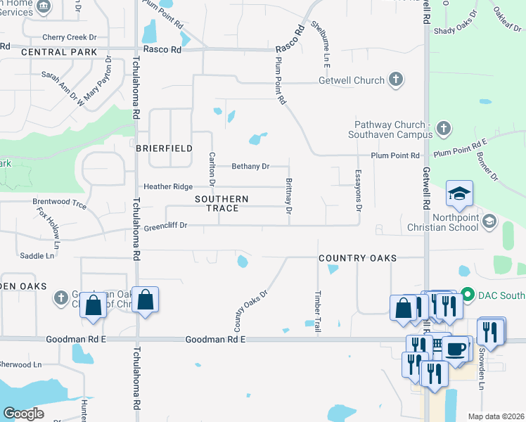 map of restaurants, bars, coffee shops, grocery stores, and more near 2437 Kindlewood Drive in Southaven