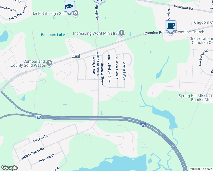 map of restaurants, bars, coffee shops, grocery stores, and more near 4019 Newgate Street in Fayetteville