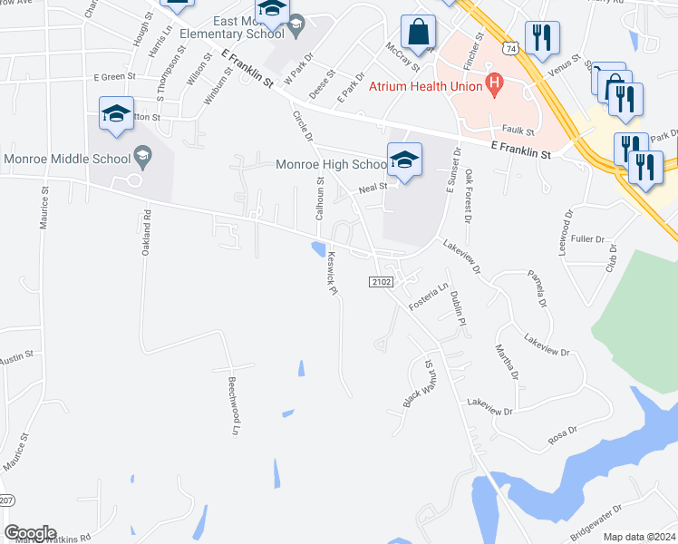 map of restaurants, bars, coffee shops, grocery stores, and more near 1101 Keswick Place in Monroe