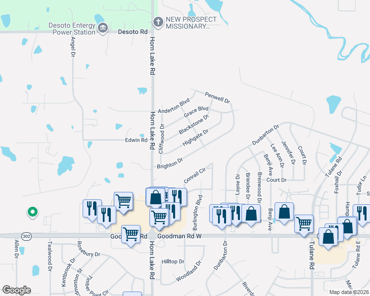 map of restaurants, bars, coffee shops, grocery stores, and more near 4211 Blackstone Drive in Horn Lake