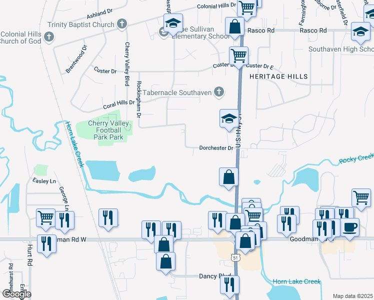 map of restaurants, bars, coffee shops, grocery stores, and more near 1725 Dorchester Drive in Southaven