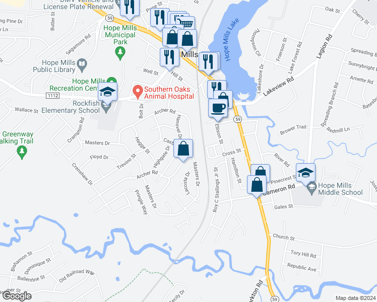 map of restaurants, bars, coffee shops, grocery stores, and more near 5664 Castleton Drive in Hope Mills